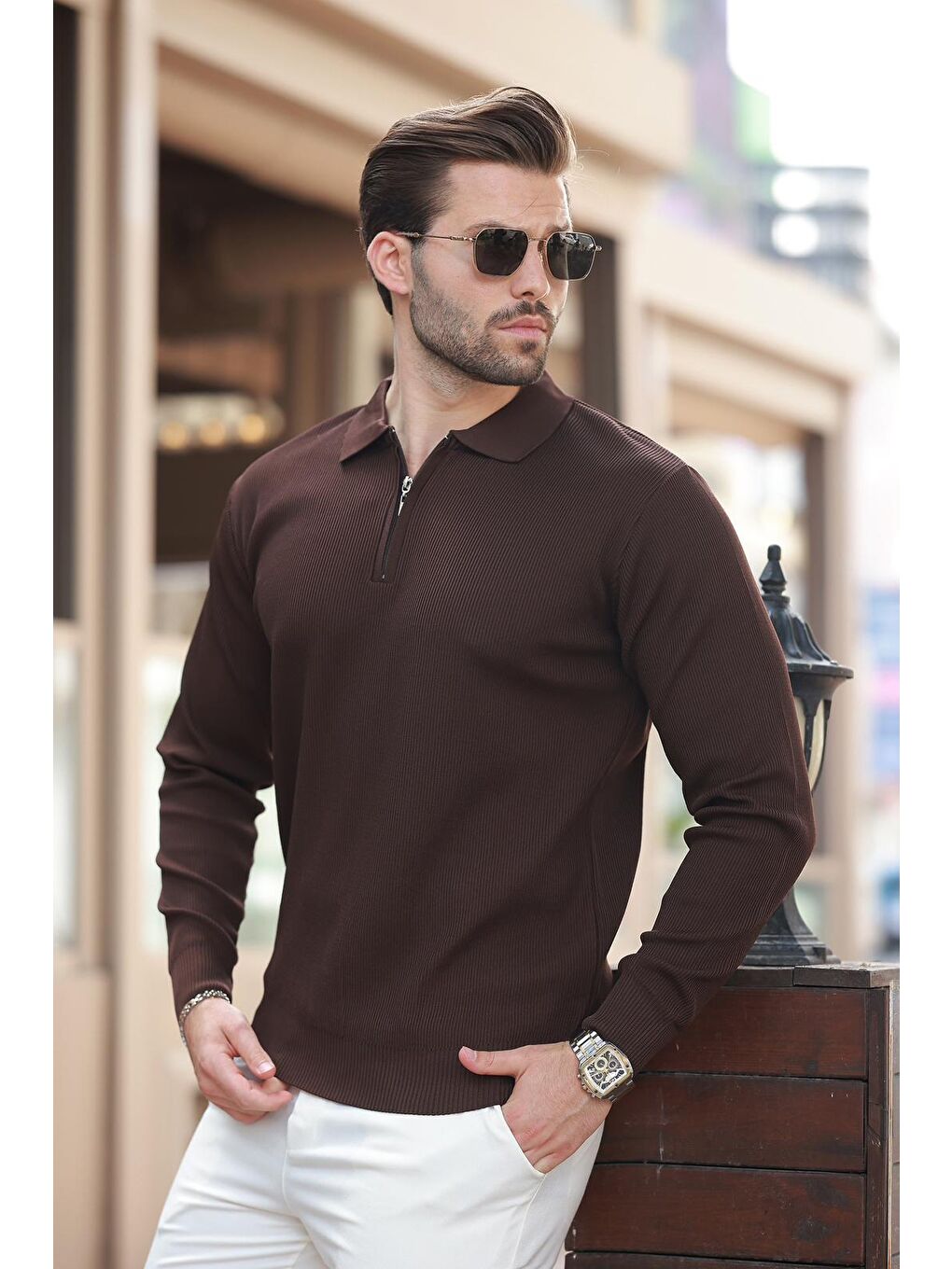 Kahverengi Polo Yaka Fermuarlı Uzun Kollu Erkek Kazak 7240-2