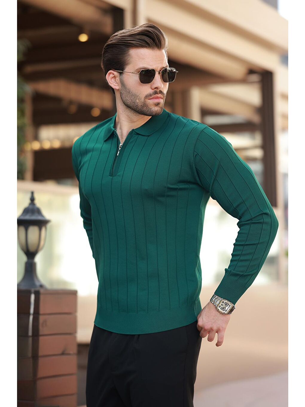 Yeşil Polo Yaka Fermuarlı Örme Kazak-2