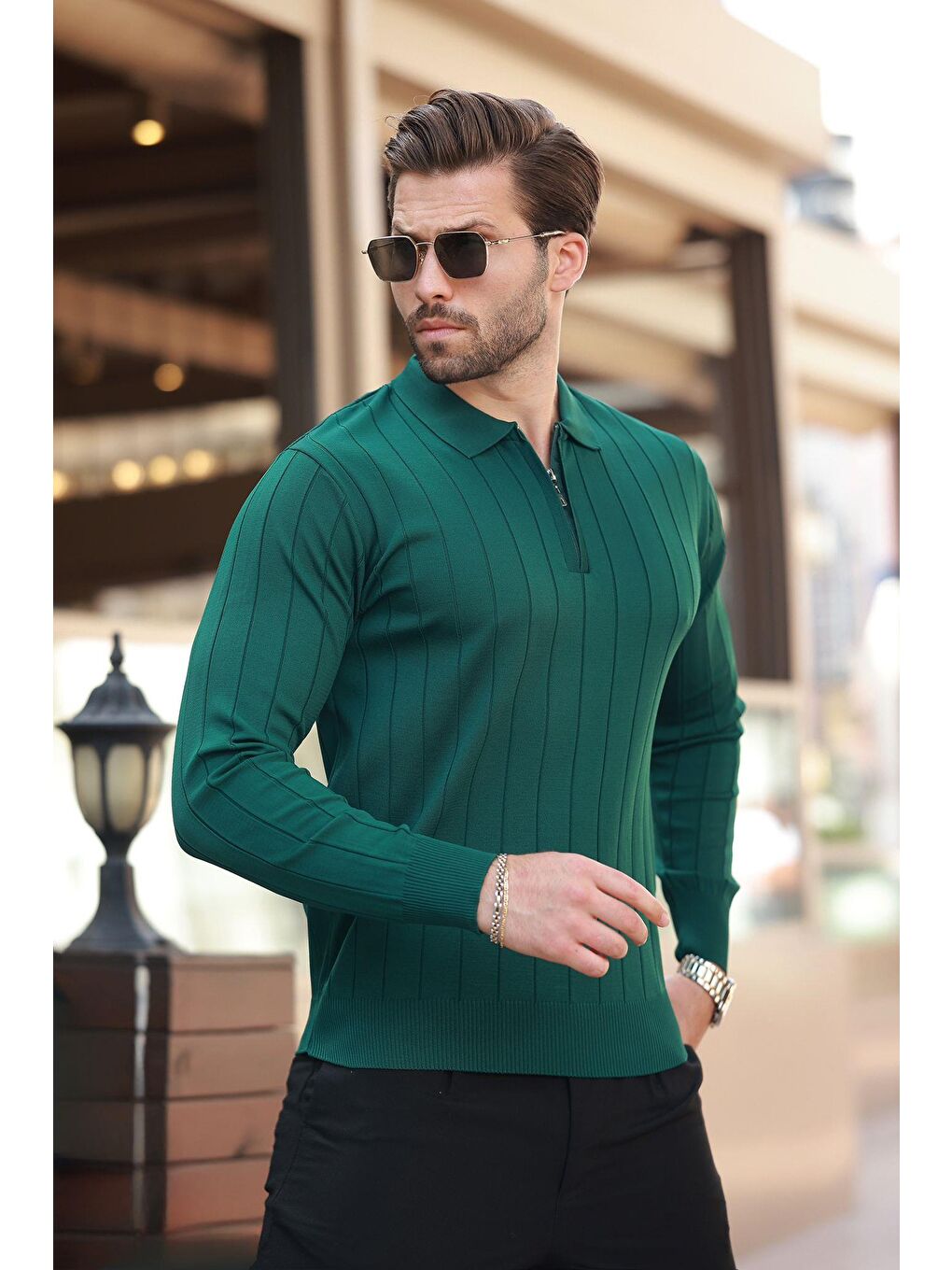 Yeşil Polo Yaka Fermuarlı Örme Kazak-3