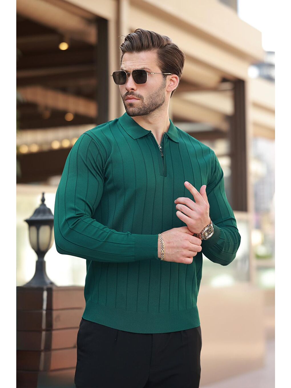 Yeşil Polo Yaka Fermuarlı Örme Kazak-4