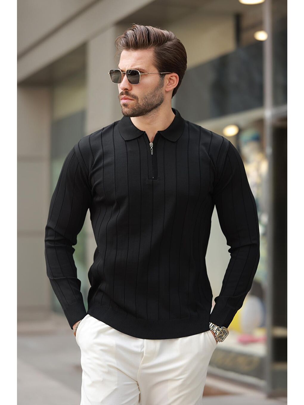 Siyah Polo Yaka Fermuarlı Örme Kazak-2