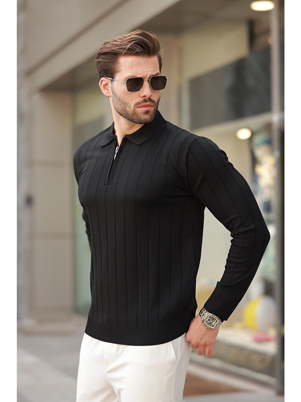 Siyah Polo Yaka Fermuarlı Örme Kazak-3