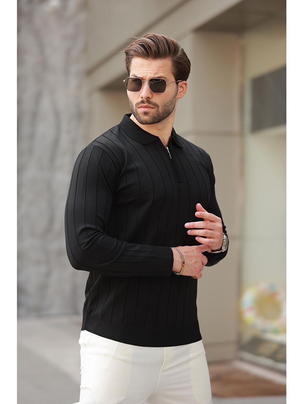 Siyah Polo Yaka Fermuarlı Örme Kazak-4