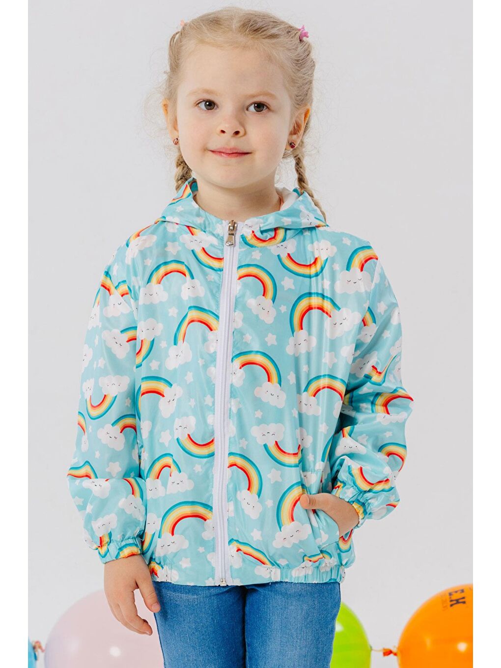 Kız Çocuk Yağmurluk Gökyüzü Temalı Bulutcuk Desenli Turkuaz (1 Yaş)-4