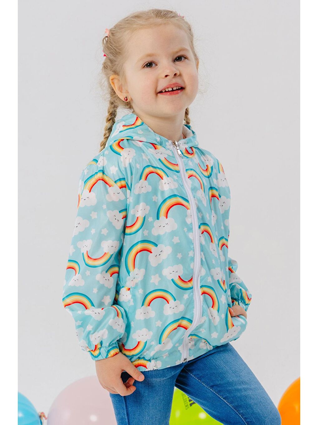 Kız Çocuk Yağmurluk Gökyüzü Temalı Bulutcuk Desenli Turkuaz (1 Yaş)-6