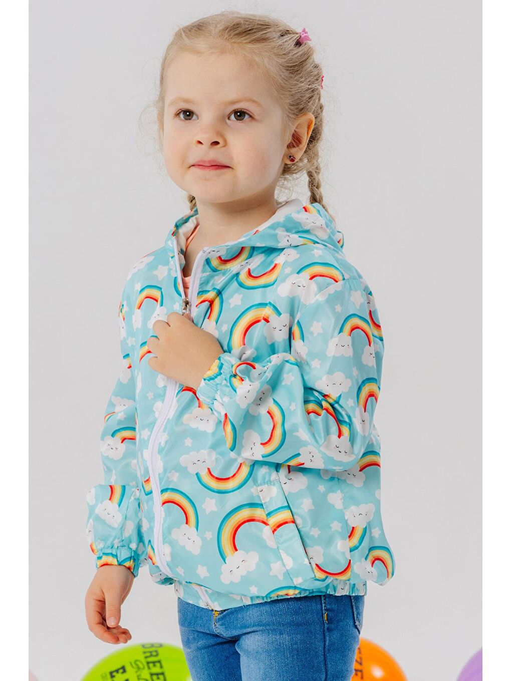 Kız Çocuk Yağmurluk Gökyüzü Temalı Bulutcuk Desenli Turkuaz (1 Yaş)-7