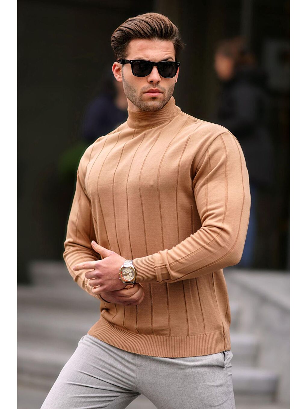 Bej Slim Fit Yarım Balıkçı Yaka Çizgili Tüylenmeyen Erkek Triko Kazak 6344