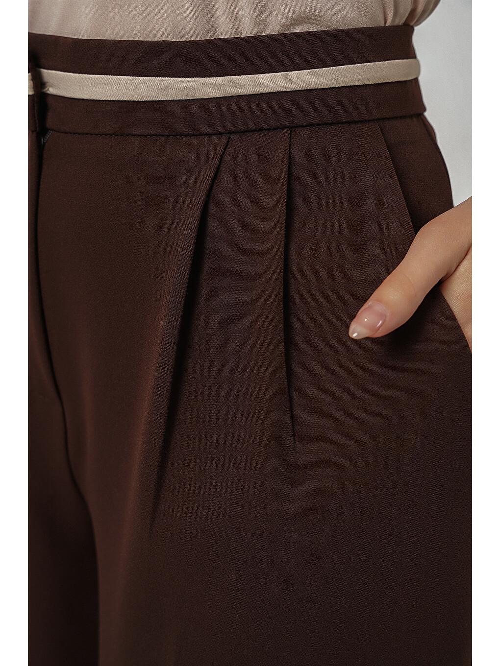 Kadın Geniş Paça Kumaş Pantolon 30088 - Kahverengi-5