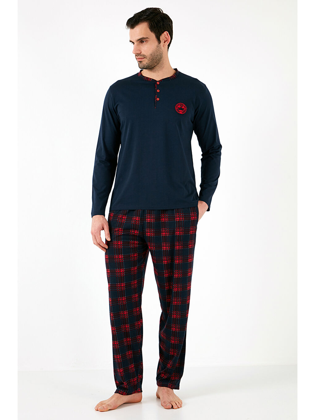 Lacivert Ekoseli Pamuklu Regular Fit Uzun Kollu Pijama Takımı 60961004-5