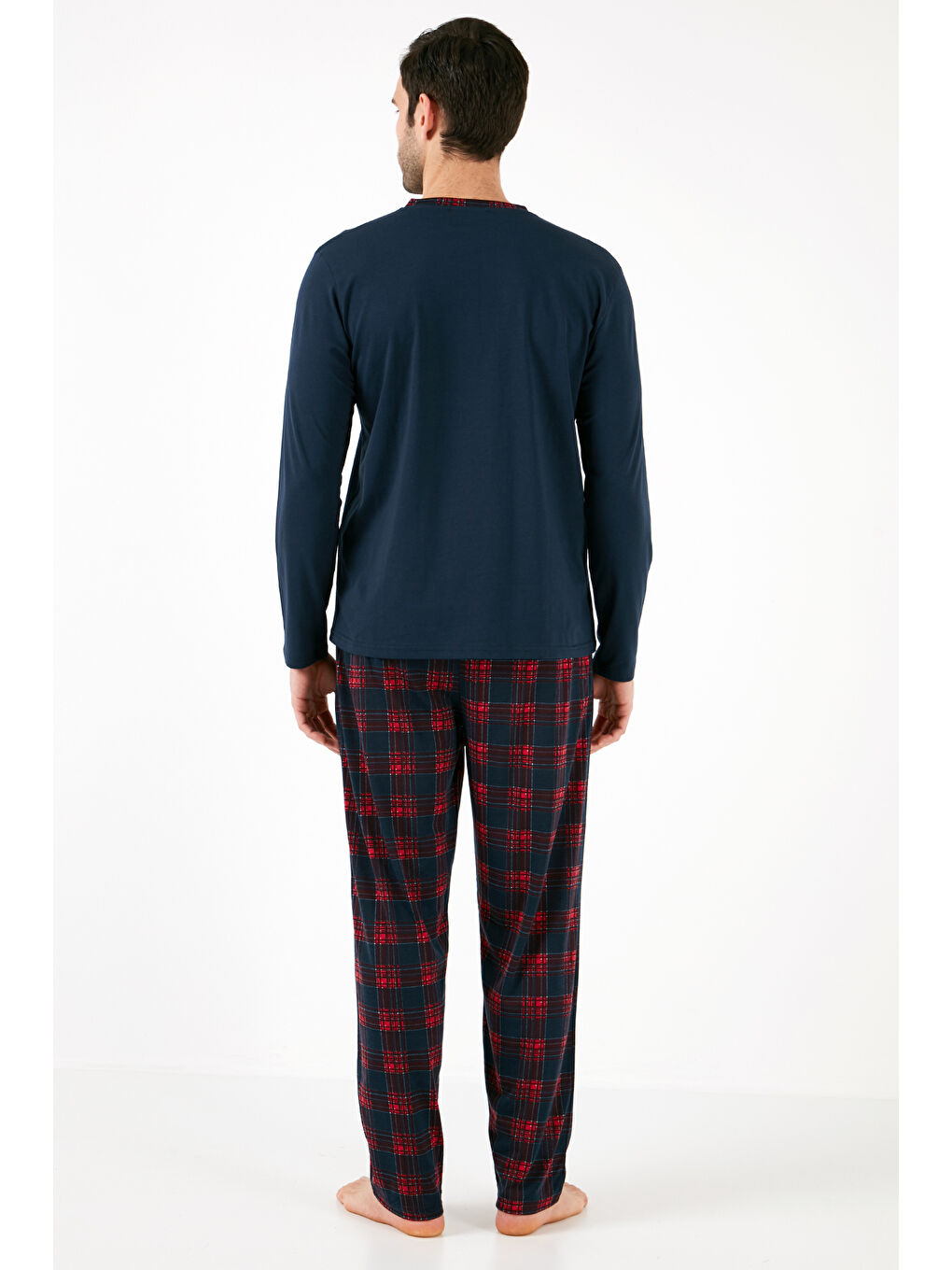 Lacivert Ekoseli Pamuklu Regular Fit Uzun Kollu Pijama Takımı 60961004-6