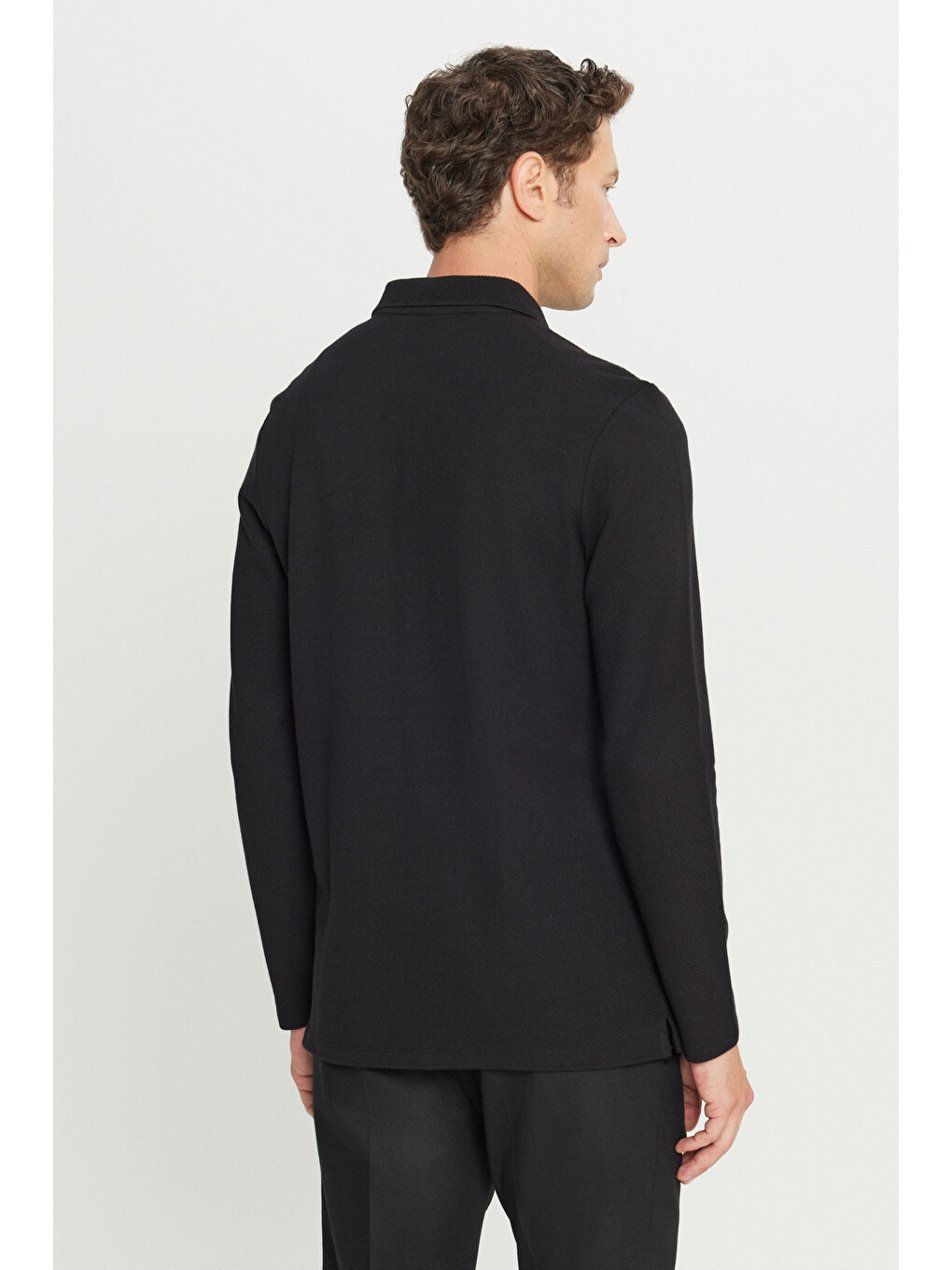 Erkek Siyah %100 Pamuk Slim Fit Dar Kesim Polo Yaka Uzun Kollu Tişört-4