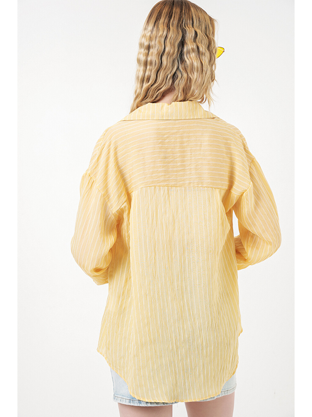 Kadın Tek Cepli Çizgili Oversize Gömlek 20375 - Sarı-5