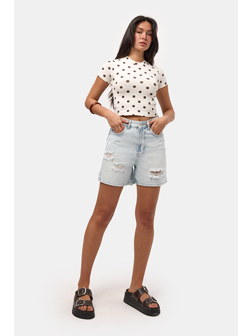 Kadın Ekru Puantiyeli S6-101 Crop Fit T-shirt-3