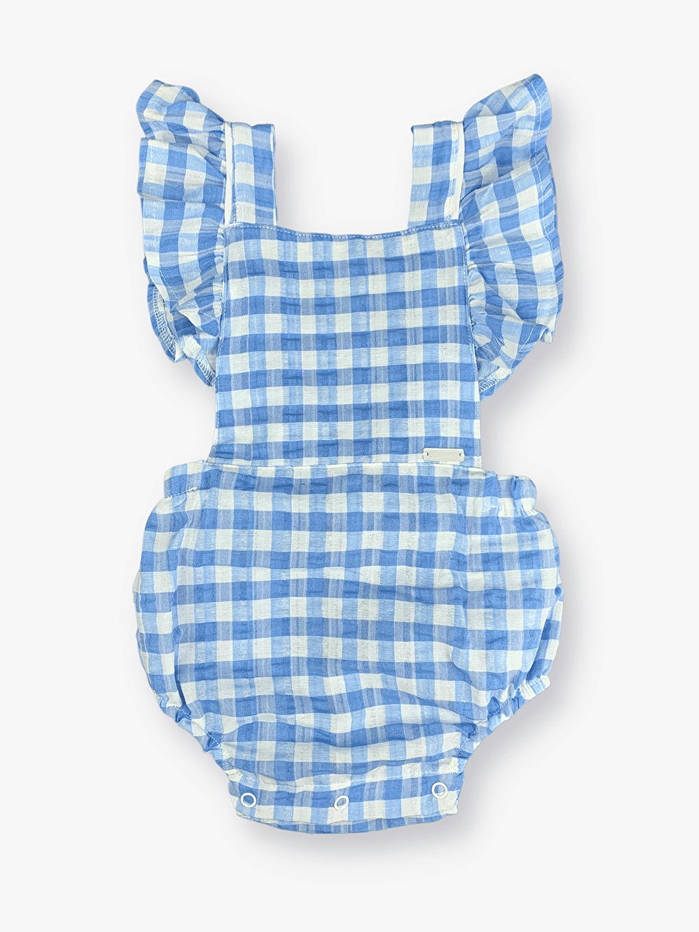 Kare Yaka Fırfır Kol Mavi Ekose Kız Bebek Salopet Tulum