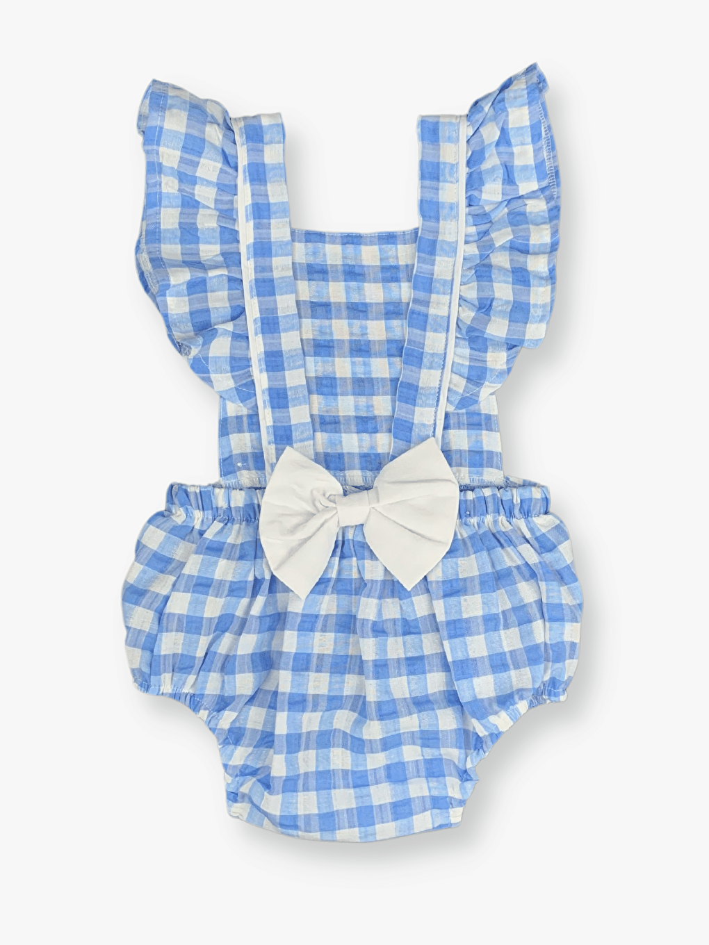 Kare Yaka Fırfır Kol Mavi Ekose Kız Bebek Salopet Tulum-1