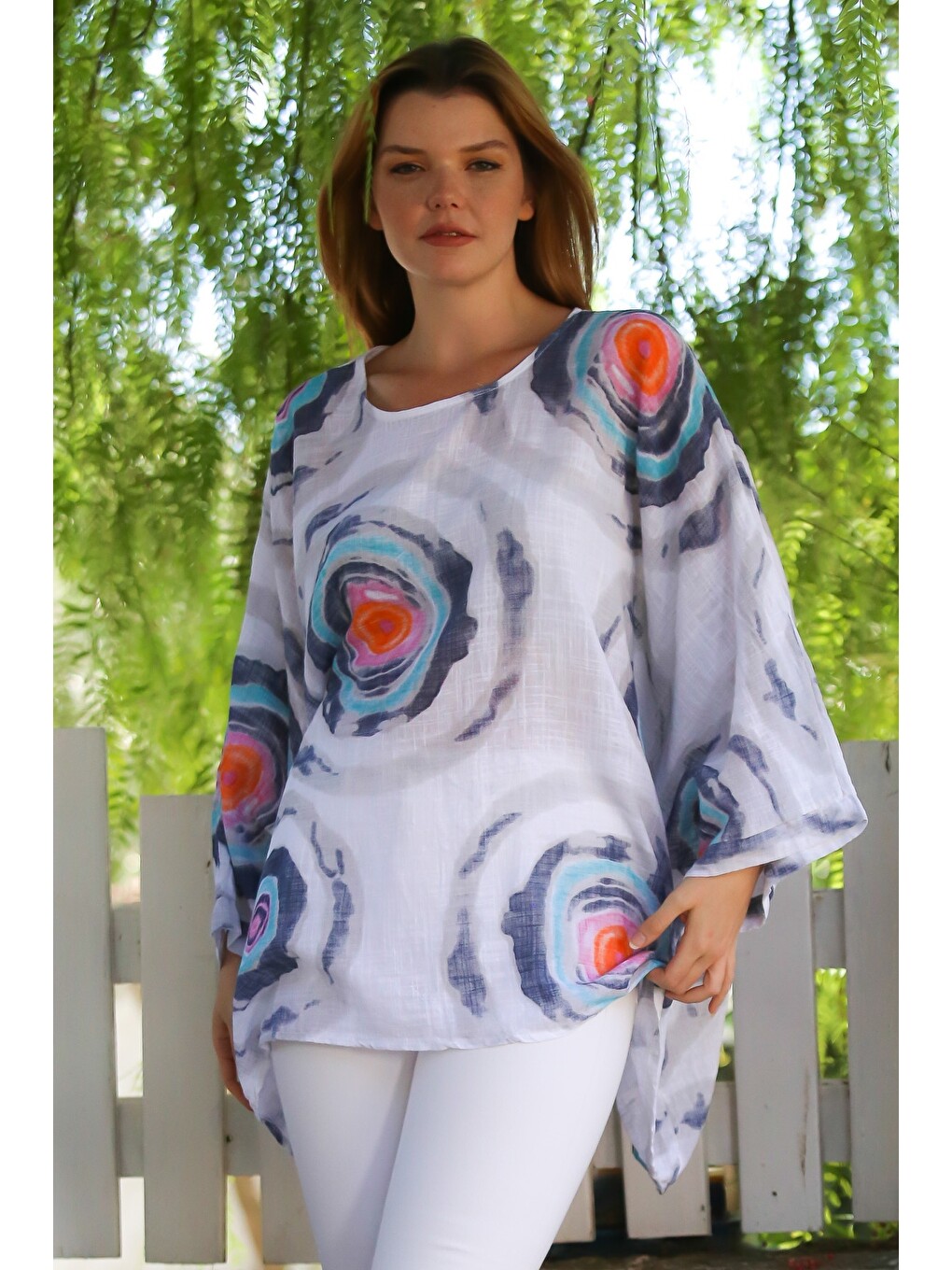 İtalyan Beyaz Havuz Yaka Yarasa Kol Geometrik Desenli Keten Oversize Dokuma Tunik 80 120-4