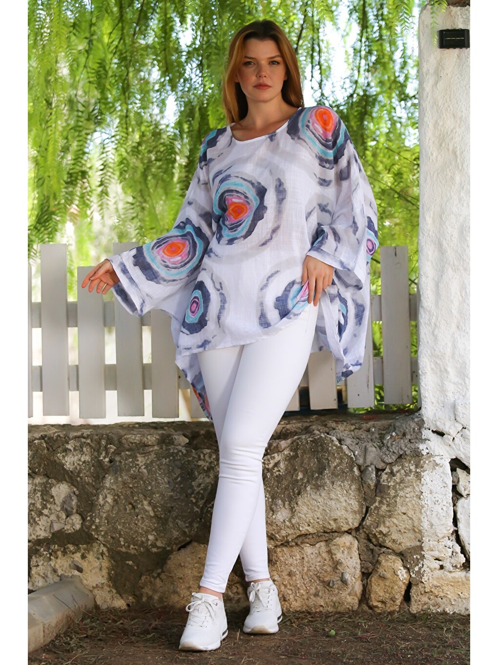 İtalyan Beyaz Havuz Yaka Yarasa Kol Geometrik Desenli Keten Oversize Dokuma Tunik 80 120-6