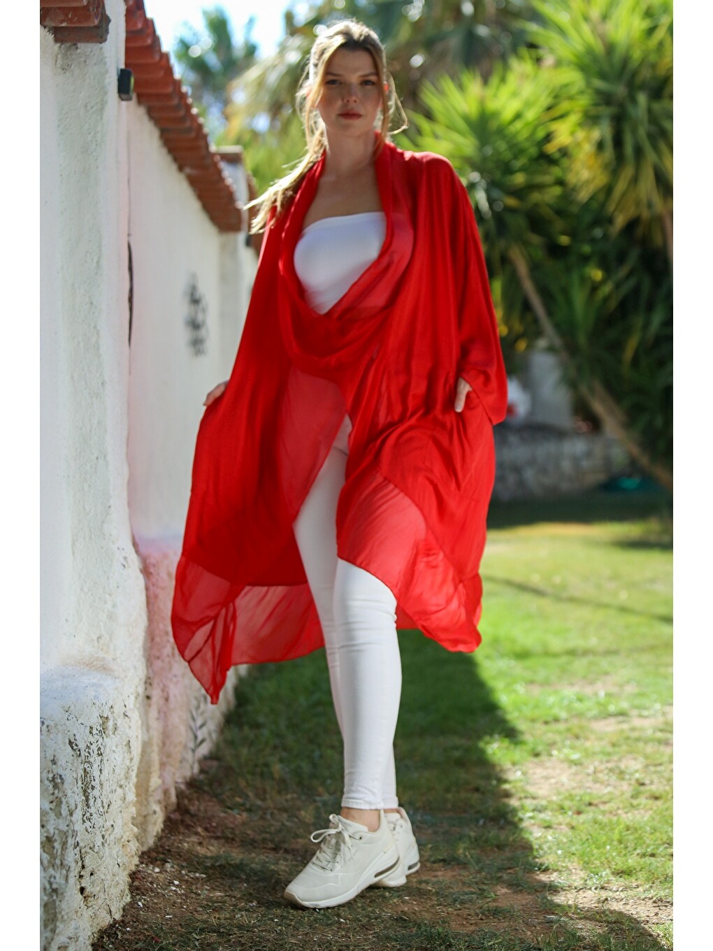 İtalyan Alev Kırmızısı Kruvaze Yaka Uzun Kol Cepli İpek Oversize Dokuma Tunik 95 75-5