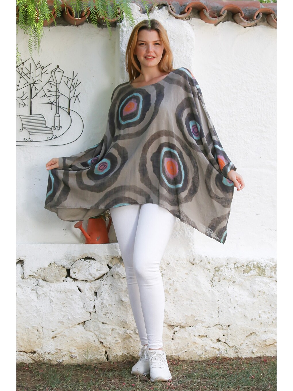 Bej İtalyan Vizon Havuz Yaka Yarasa Kol Geometrik Desenli Keten Oversize Dokuma Tunik 80 120-2