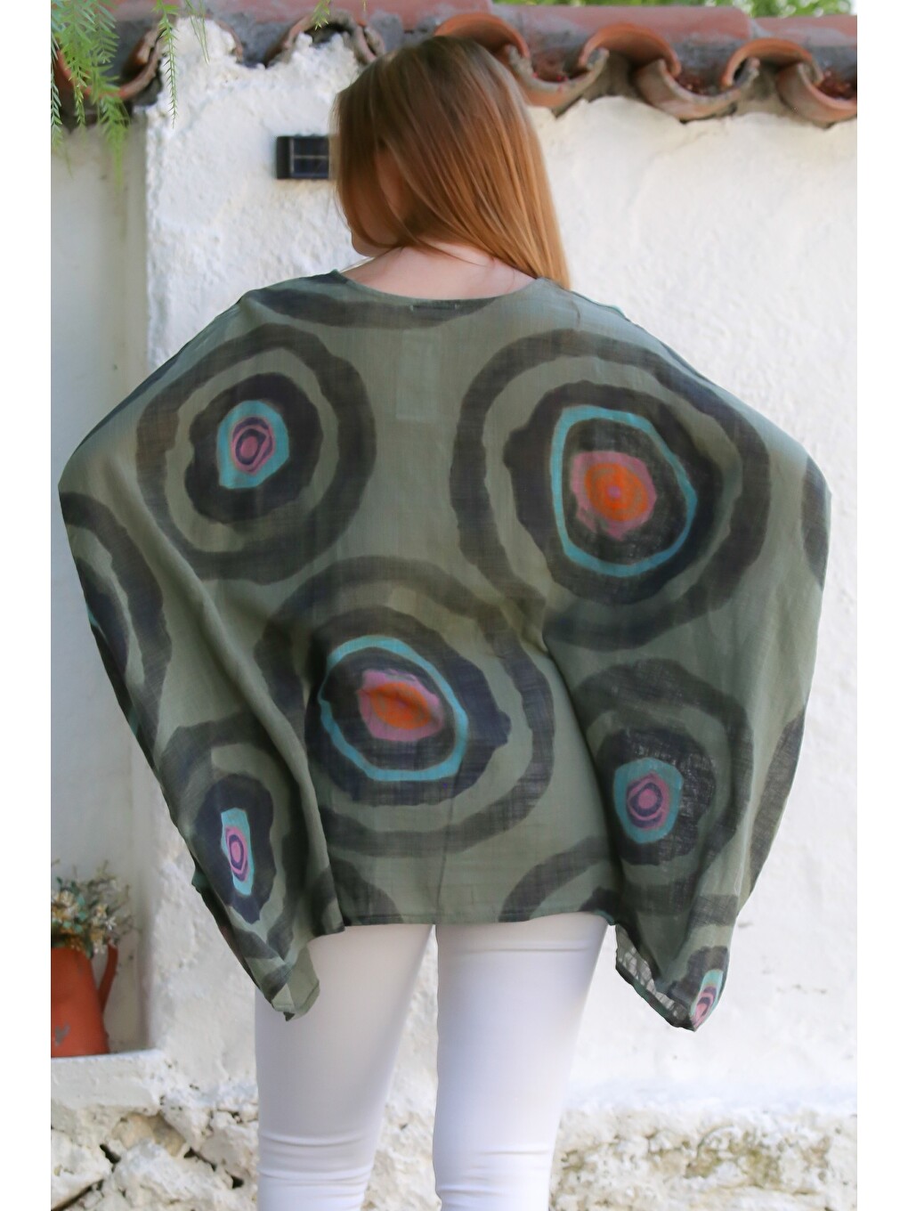 İtalyan Haki Havuz Yaka Yarasa Kol Geometrik Desenli Keten Oversize Dokuma Tunik 80 120-1