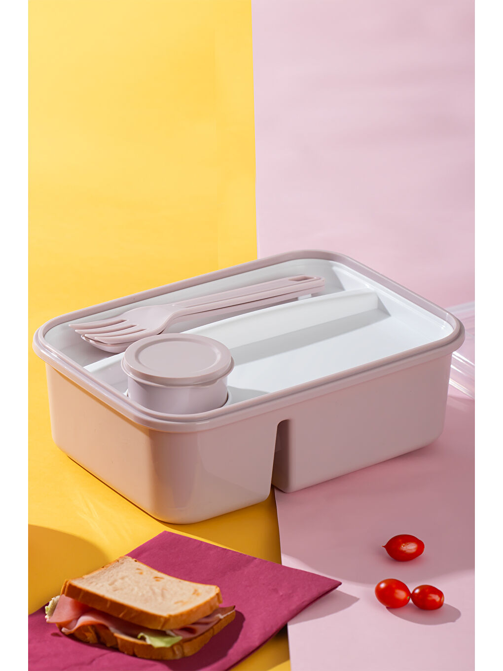 1183 Kendinden Kaşık Çatallı Sosluklu Bölmeli Beslenme Kabı - Taşınabilir Lunch Box Pembe-1