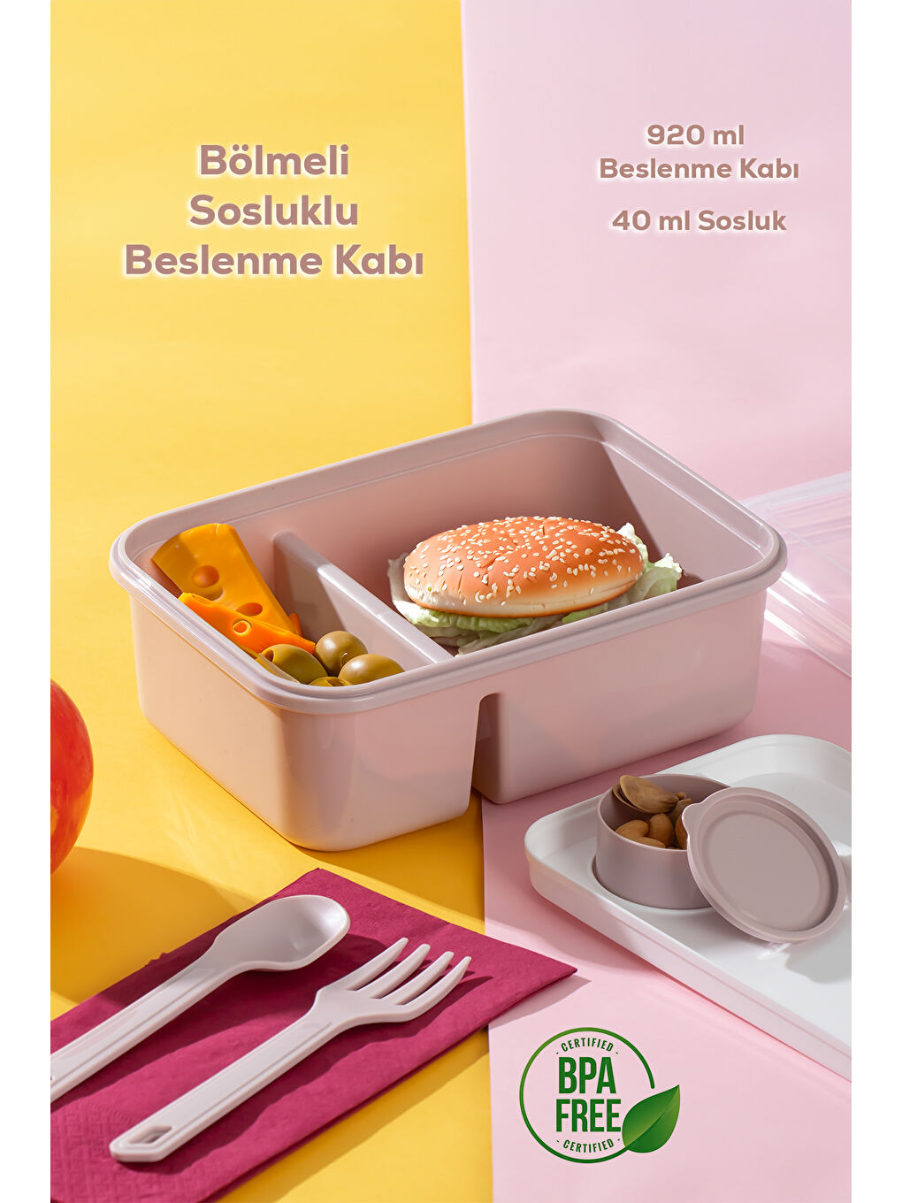 1183 Kendinden Kaşık Çatallı Sosluklu Bölmeli Beslenme Kabı - Taşınabilir Lunch Box Pembe-2