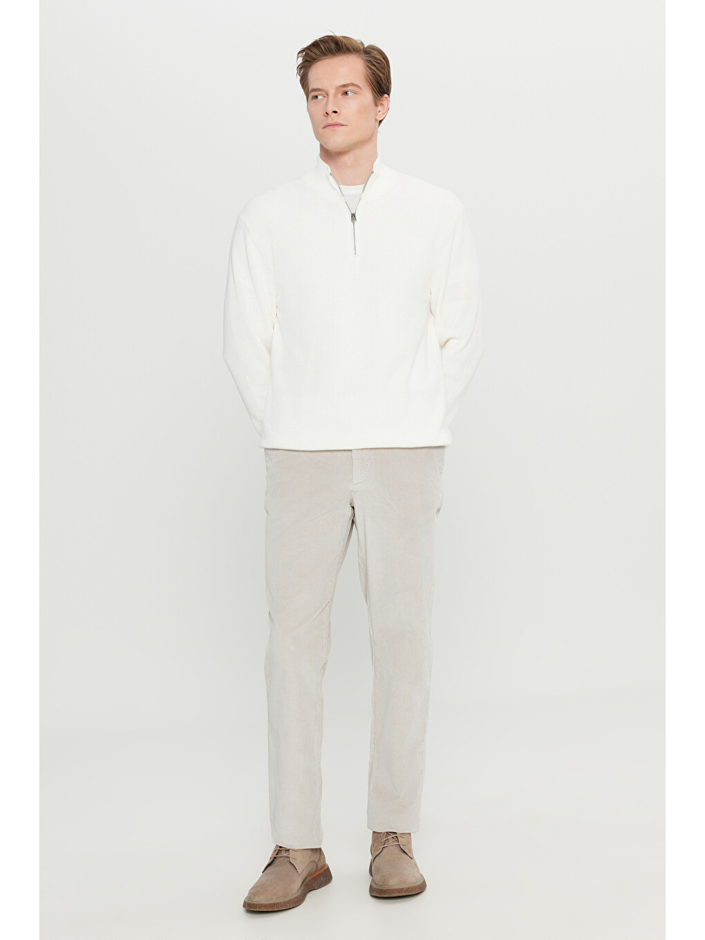 Bej Erkek Taş Pamuklu Slim Fit Dar Kesim Desenli Yan Cepli Pantolon-1