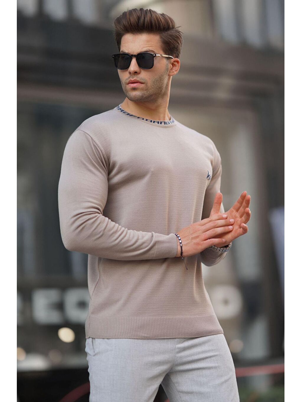Bej Vizon Bisiklet Yaka Erkek Triko Kazak 6847