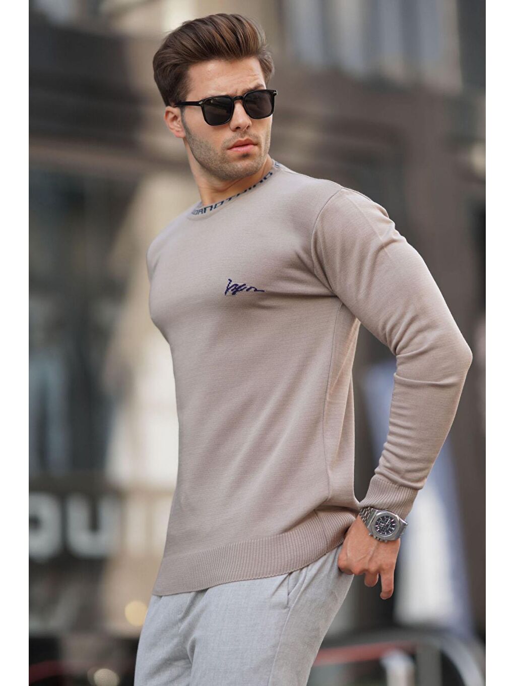 Bej Vizon Bisiklet Yaka Erkek Triko Kazak 6847-1
