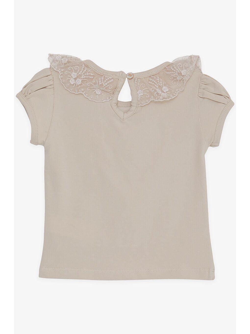 Kız Çocuk Tişört Yakası Güpürlü Nakışlı Bej (1-4 Yaş)-1