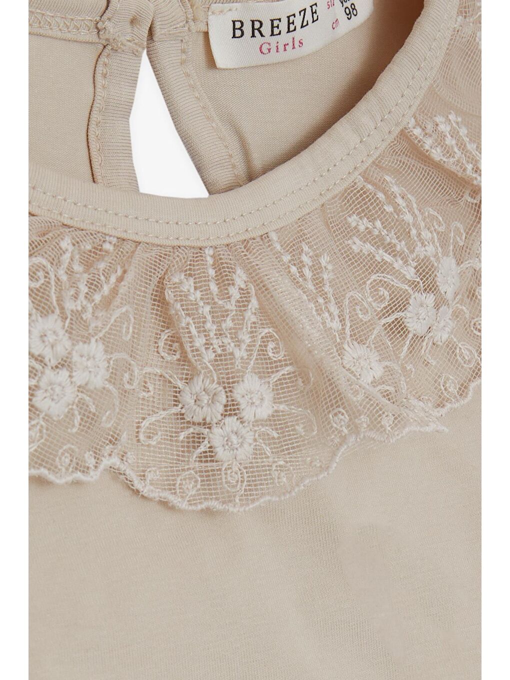 Kız Çocuk Tişört Yakası Güpürlü Nakışlı Bej (1-4 Yaş)-2