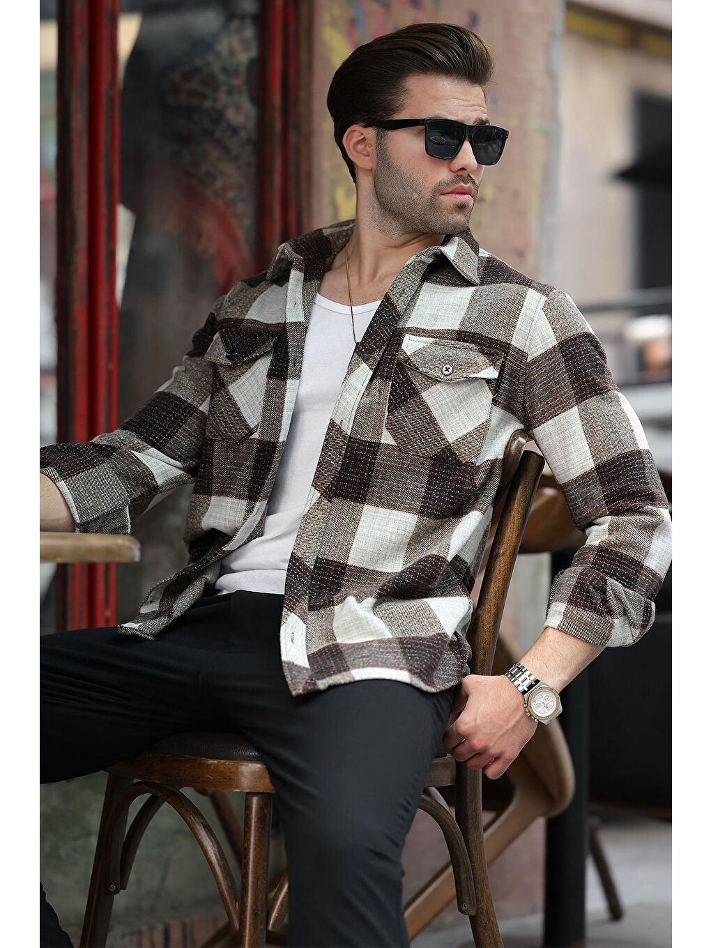 Kahverengi Desenli Göğüs Cepli Erkek Polar %100 Pamuk Gömlek 6754