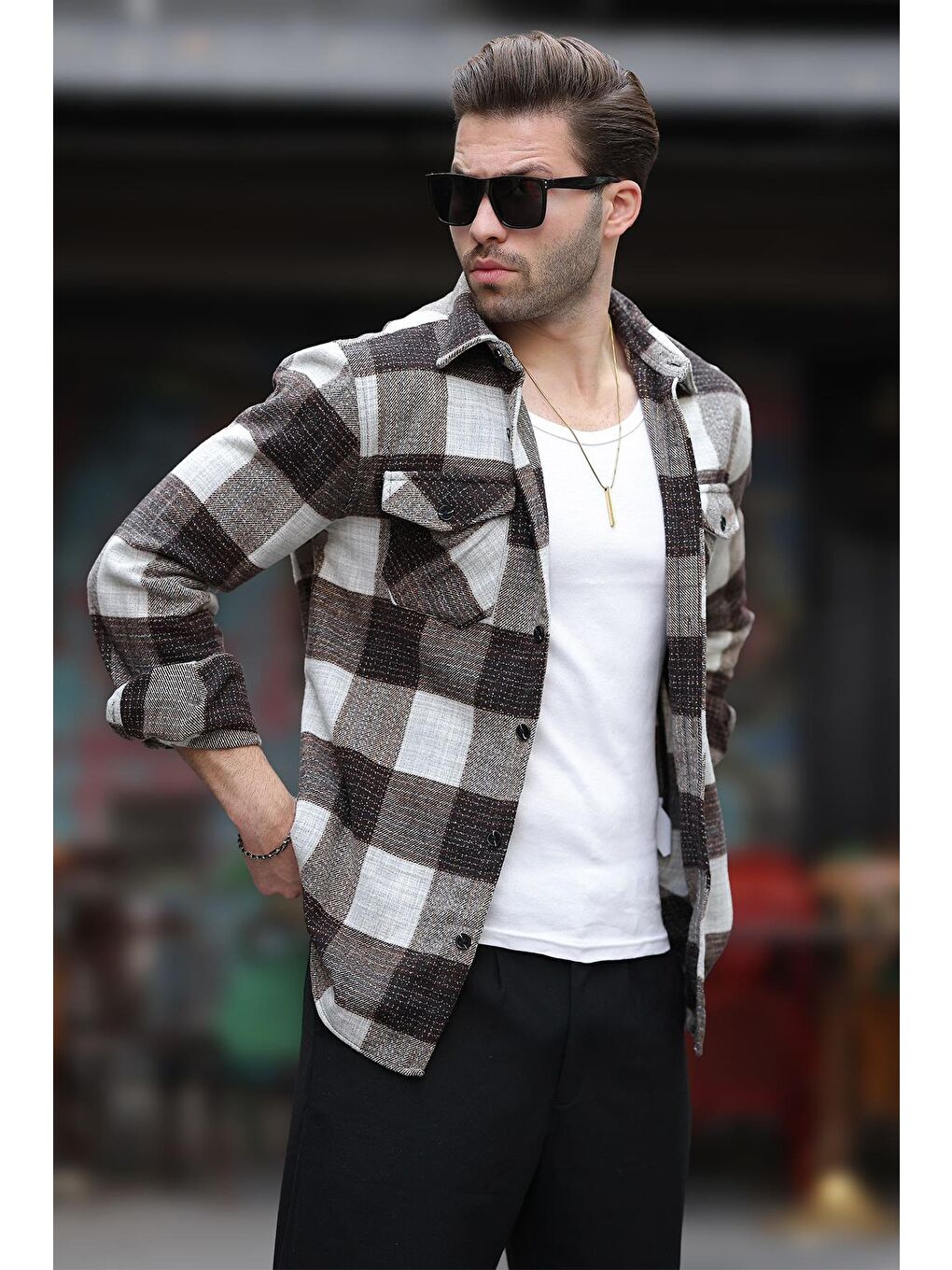 Kahverengi Desenli Göğüs Cepli Erkek Polar %100 Pamuk Gömlek 6754-1