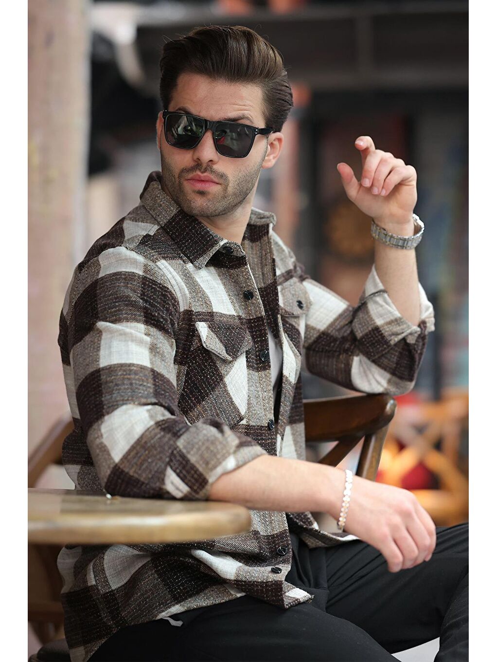 Kahverengi Desenli Göğüs Cepli Erkek Polar %100 Pamuk Gömlek 6754-2