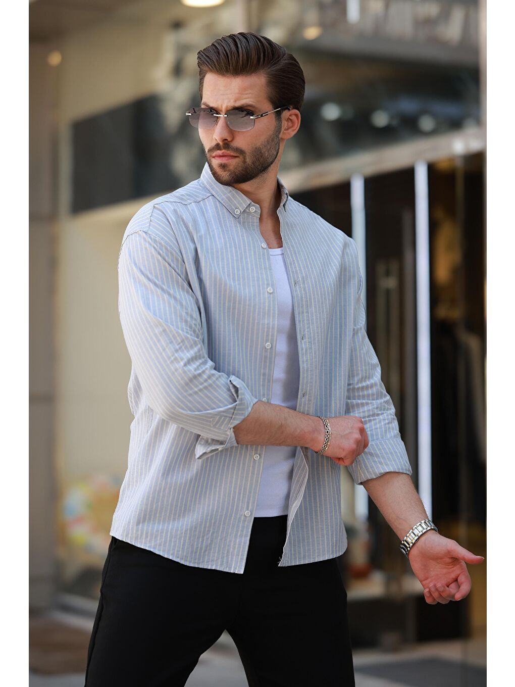 Mavi Çizgili Uzun Kollu Pamuklu Erkek %100 Pamuk Gömlek 6746-1