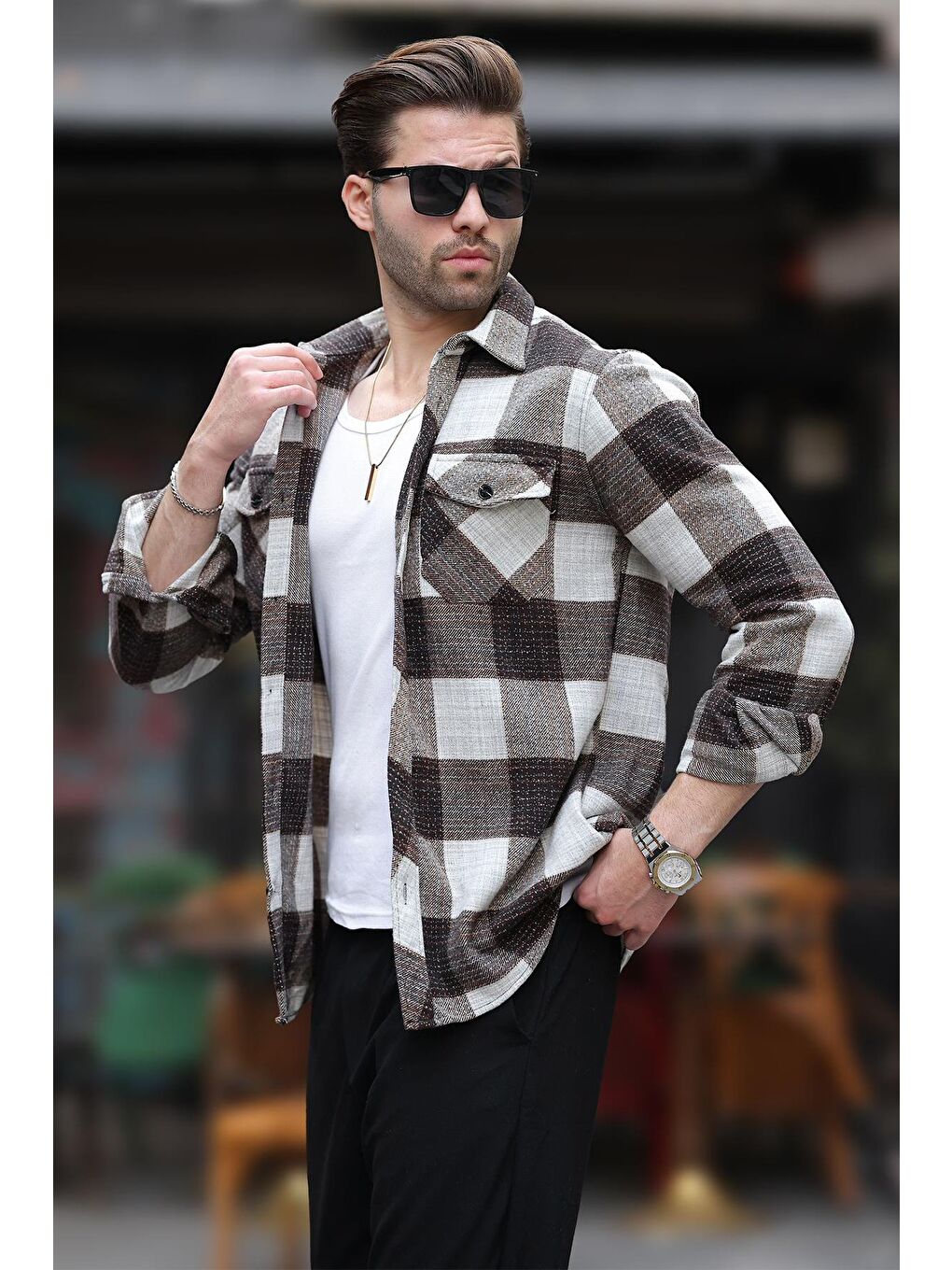 Kahverengi Desenli Göğüs Cepli Erkek Polar %100 Pamuk Gömlek 6754-3