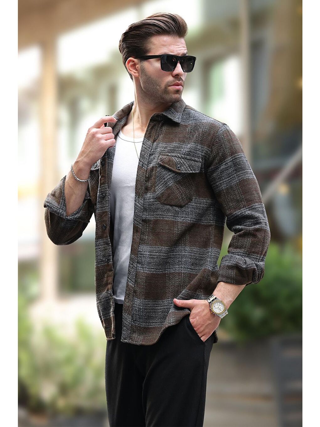 Haki Desenli Göğüs Cepli Erkek Polar Gömlek 6754