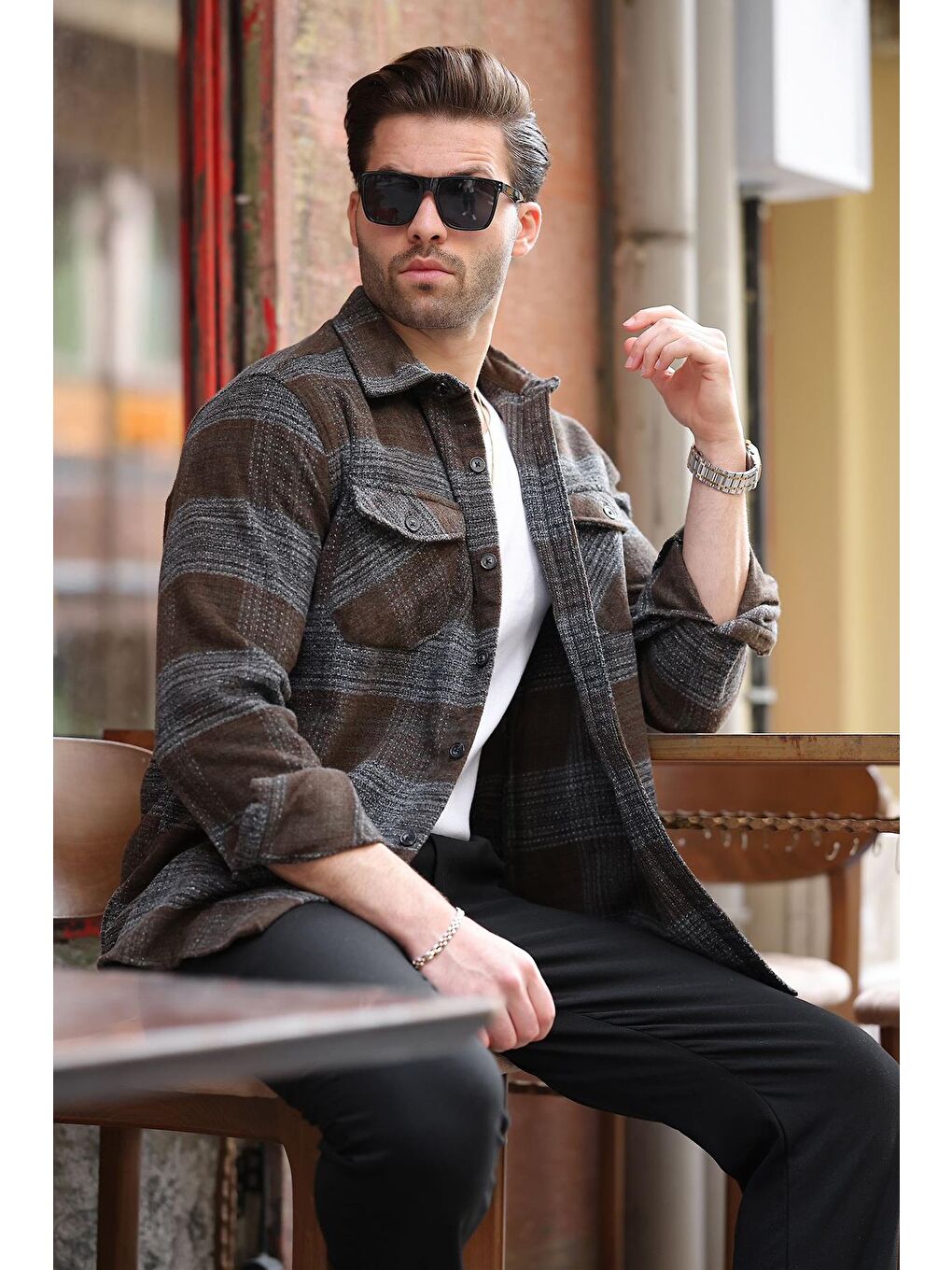 Haki Desenli Göğüs Cepli Erkek Polar Gömlek 6754-1