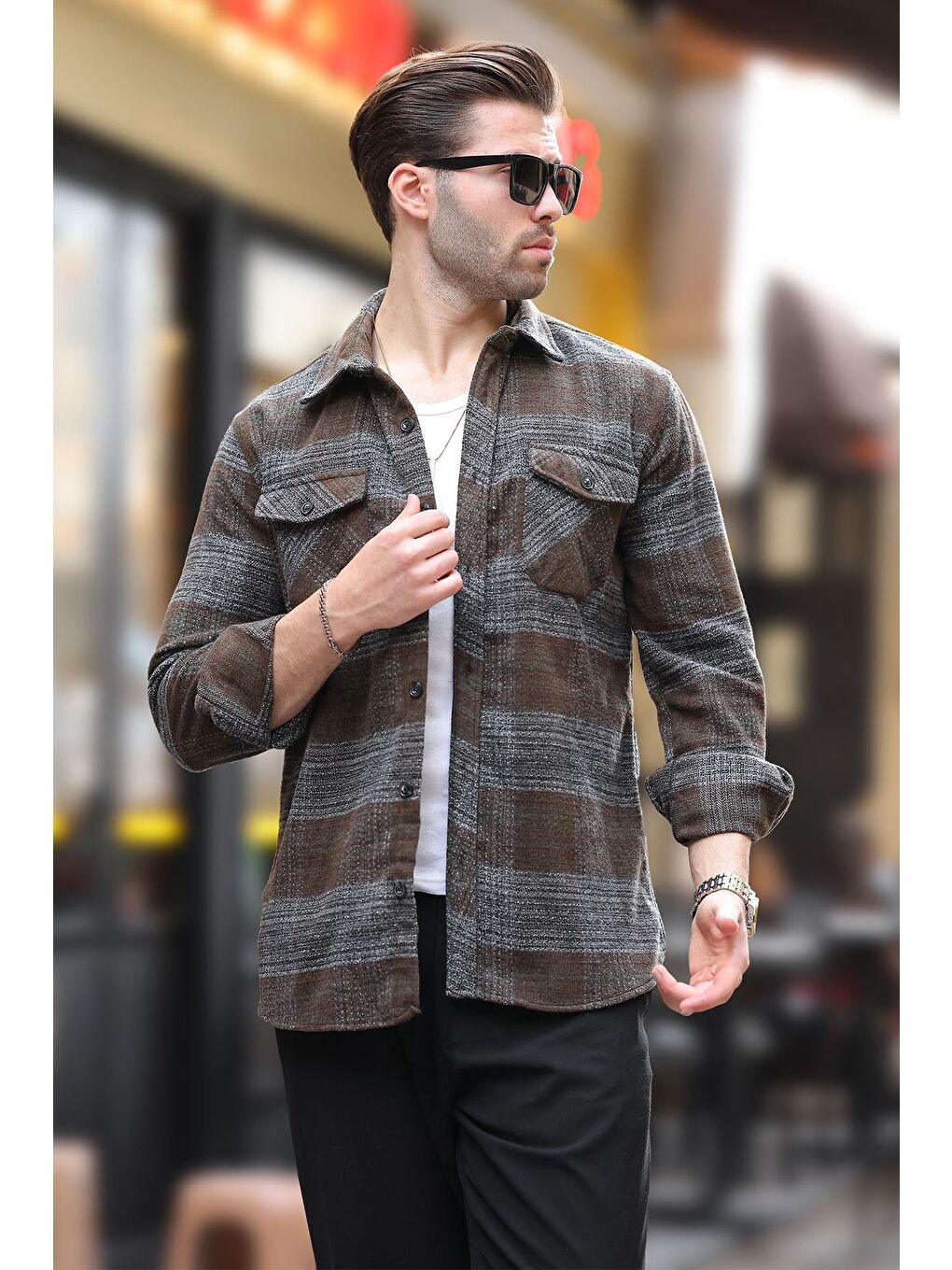 Haki Desenli Göğüs Cepli Erkek Polar Gömlek 6754-3