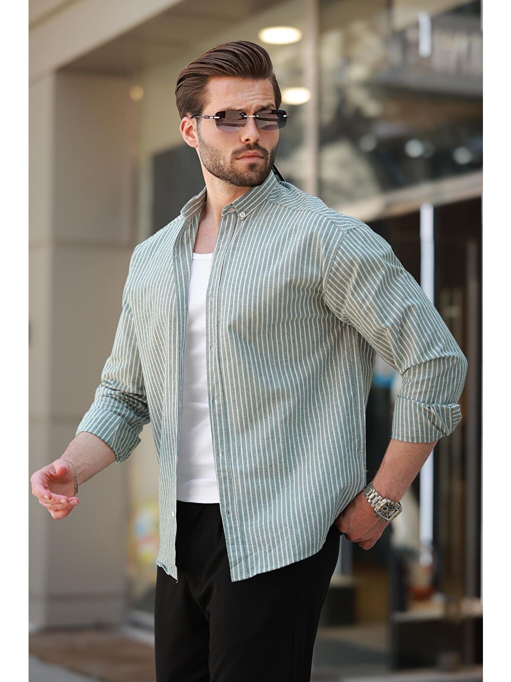 Yeşil Çizgili Uzun Kollu Pamuklu Erkek %100 Pamuk Gömlek 6746