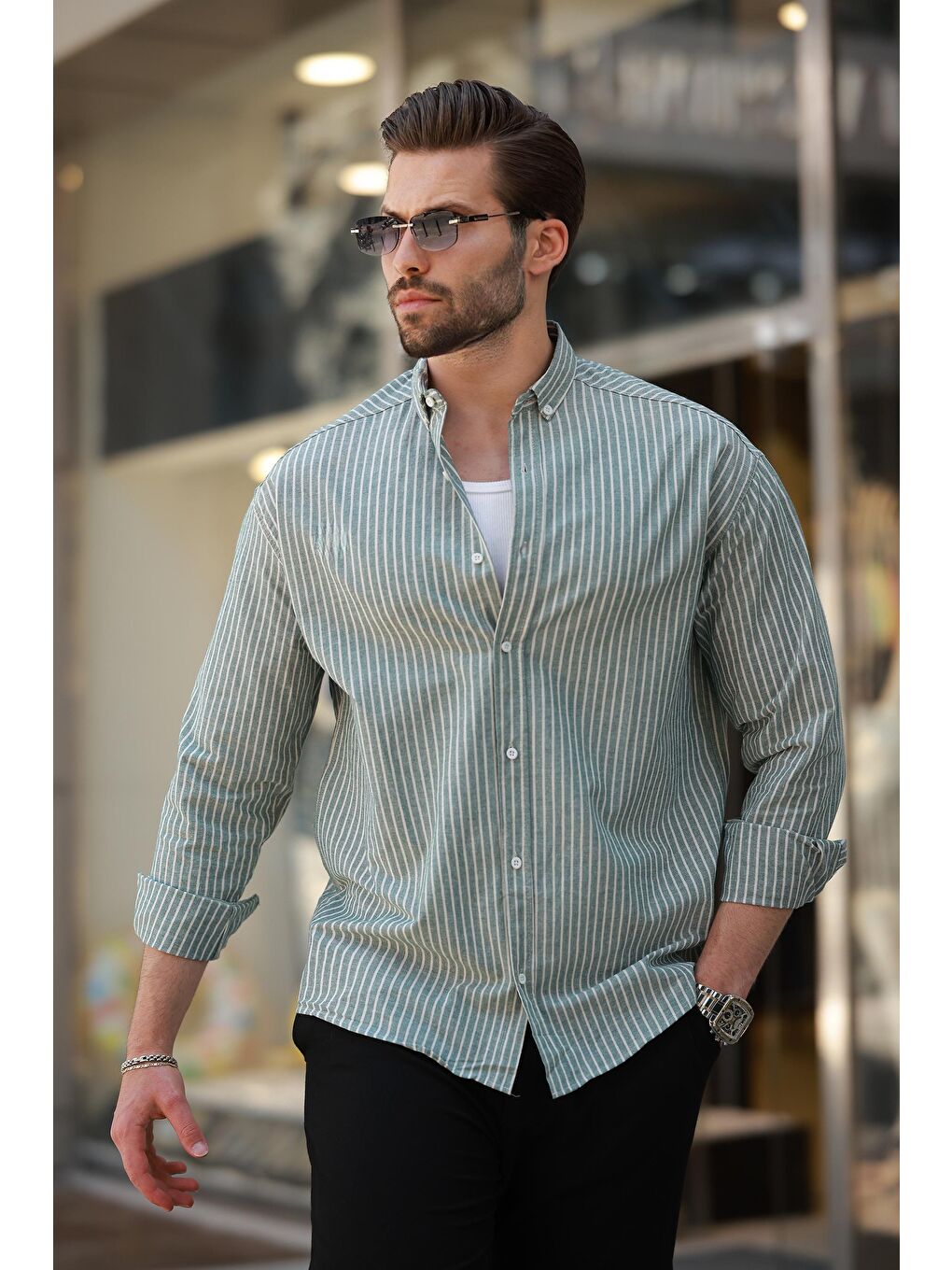 Yeşil Çizgili Uzun Kollu Pamuklu Erkek %100 Pamuk Gömlek 6746-1