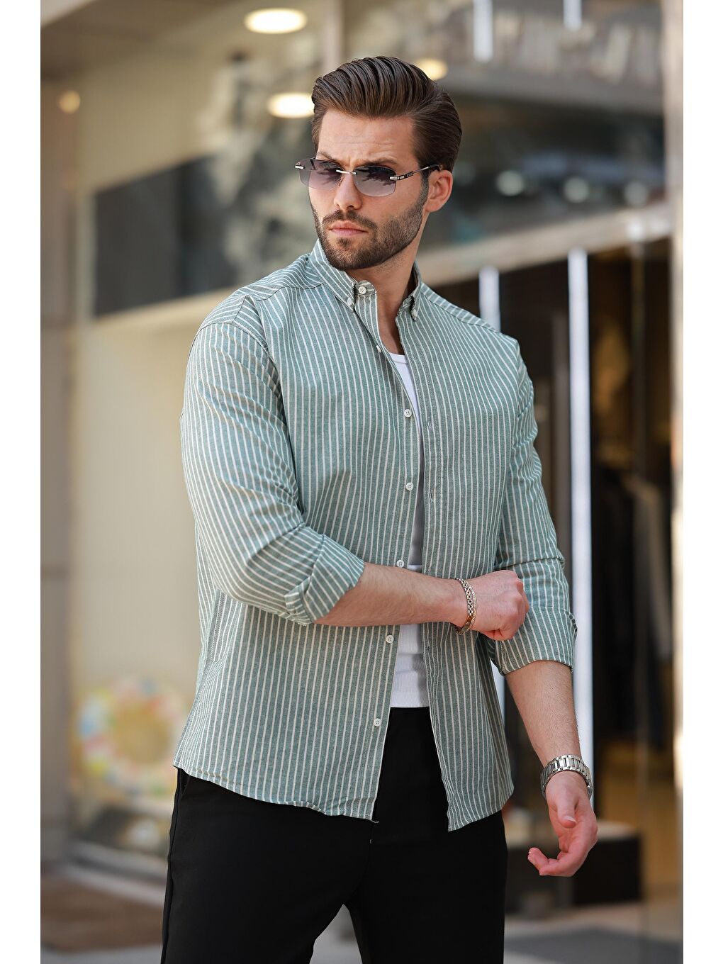 Yeşil Çizgili Uzun Kollu Pamuklu Erkek %100 Pamuk Gömlek 6746-2