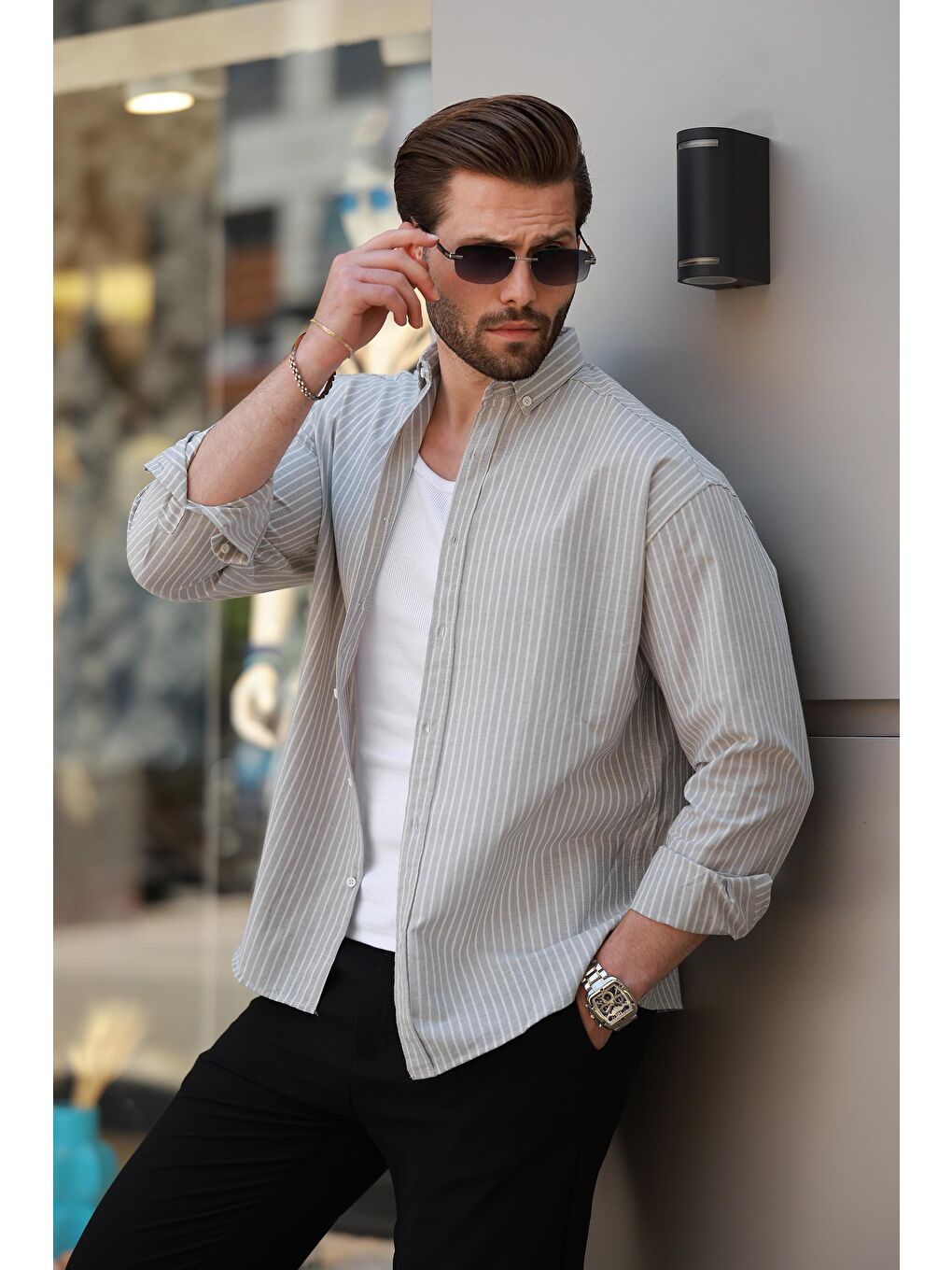 Gri Çizgili Uzun Kollu Pamuklu Erkek %100 Pamuk Gömlek 6746