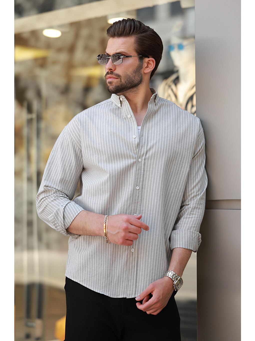 Gri Çizgili Uzun Kollu Pamuklu Erkek %100 Pamuk Gömlek 6746-1