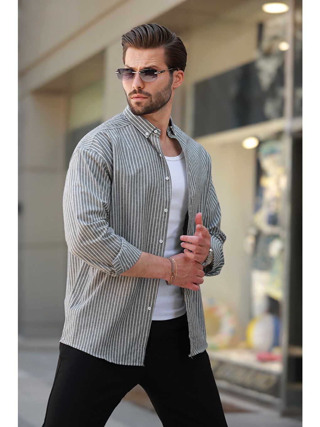Siyah Çizgili Uzun Kollu Pamuklu Erkek %100 Pamuk Gömlek 6746