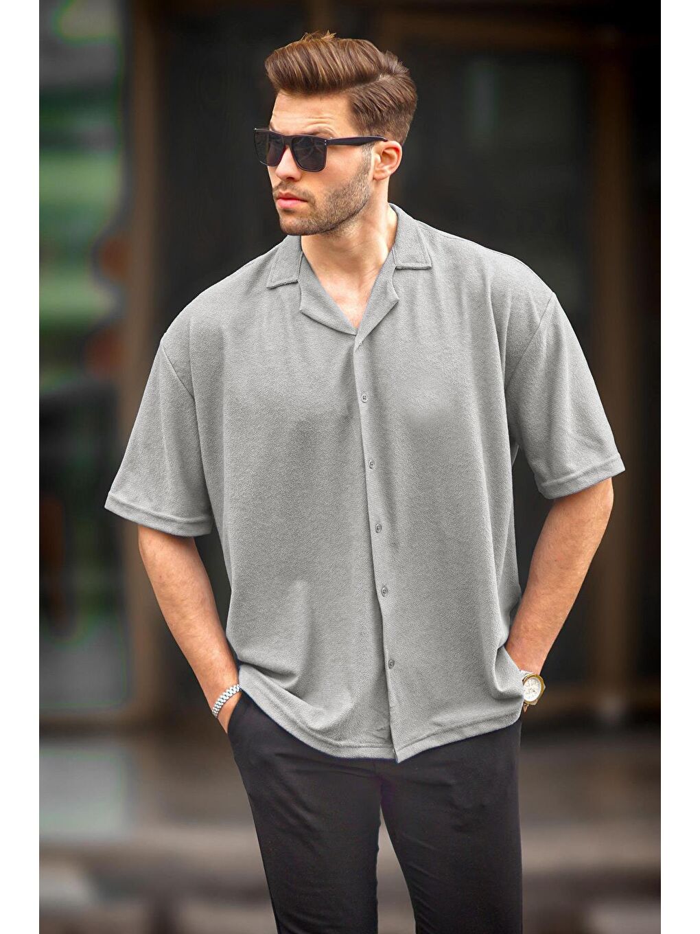 Boyalı Gri Kısa Kollu Erkek Gömlek 6736