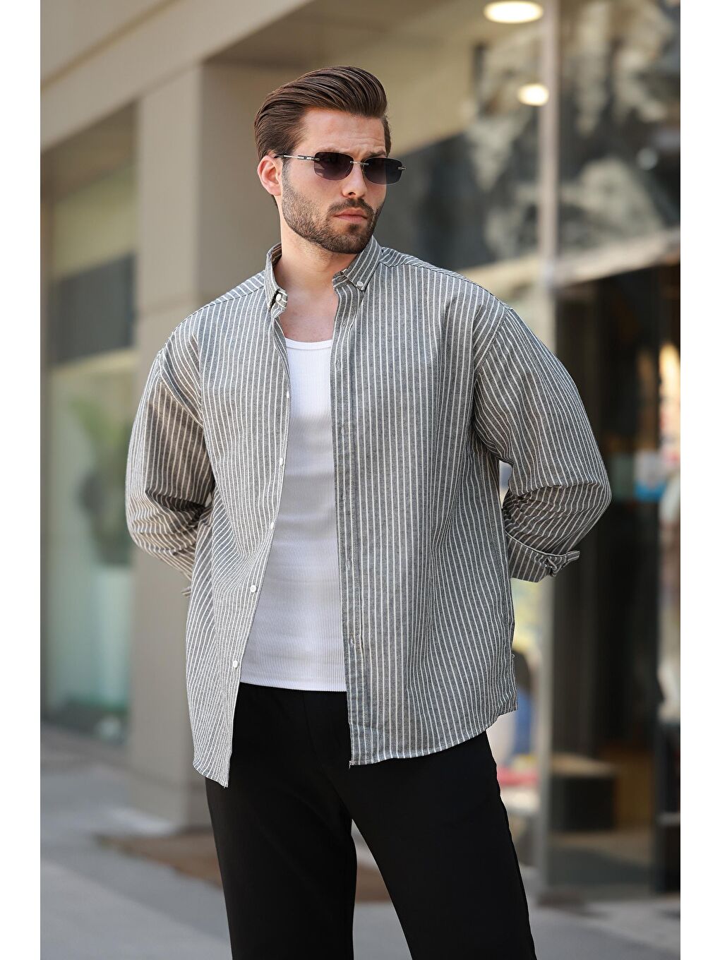 Siyah Çizgili Uzun Kollu Pamuklu Erkek %100 Pamuk Gömlek 6746-2