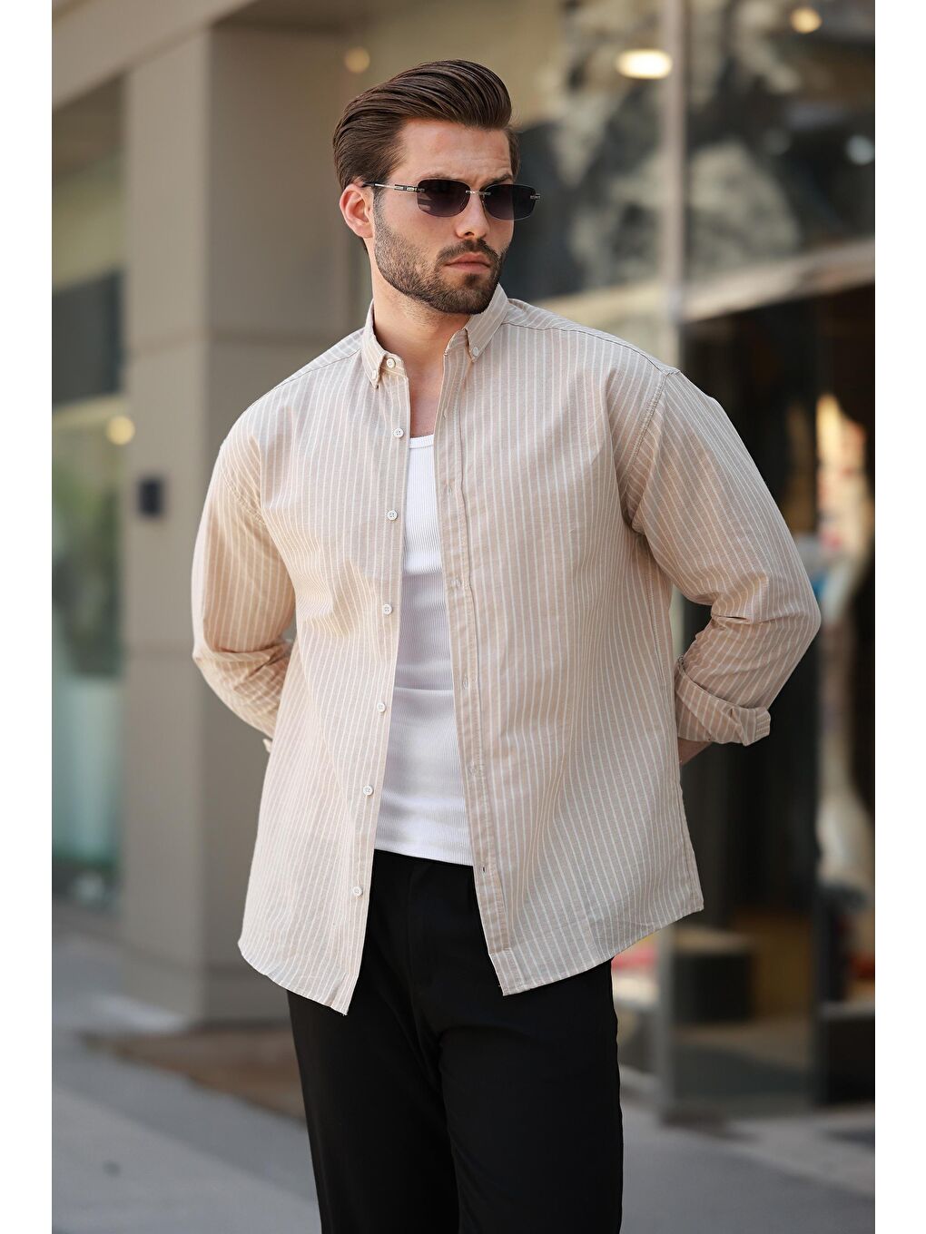 Bej Çizgili Uzun Kollu Pamuklu Erkek %100 Pamuk Gömlek 6746-1