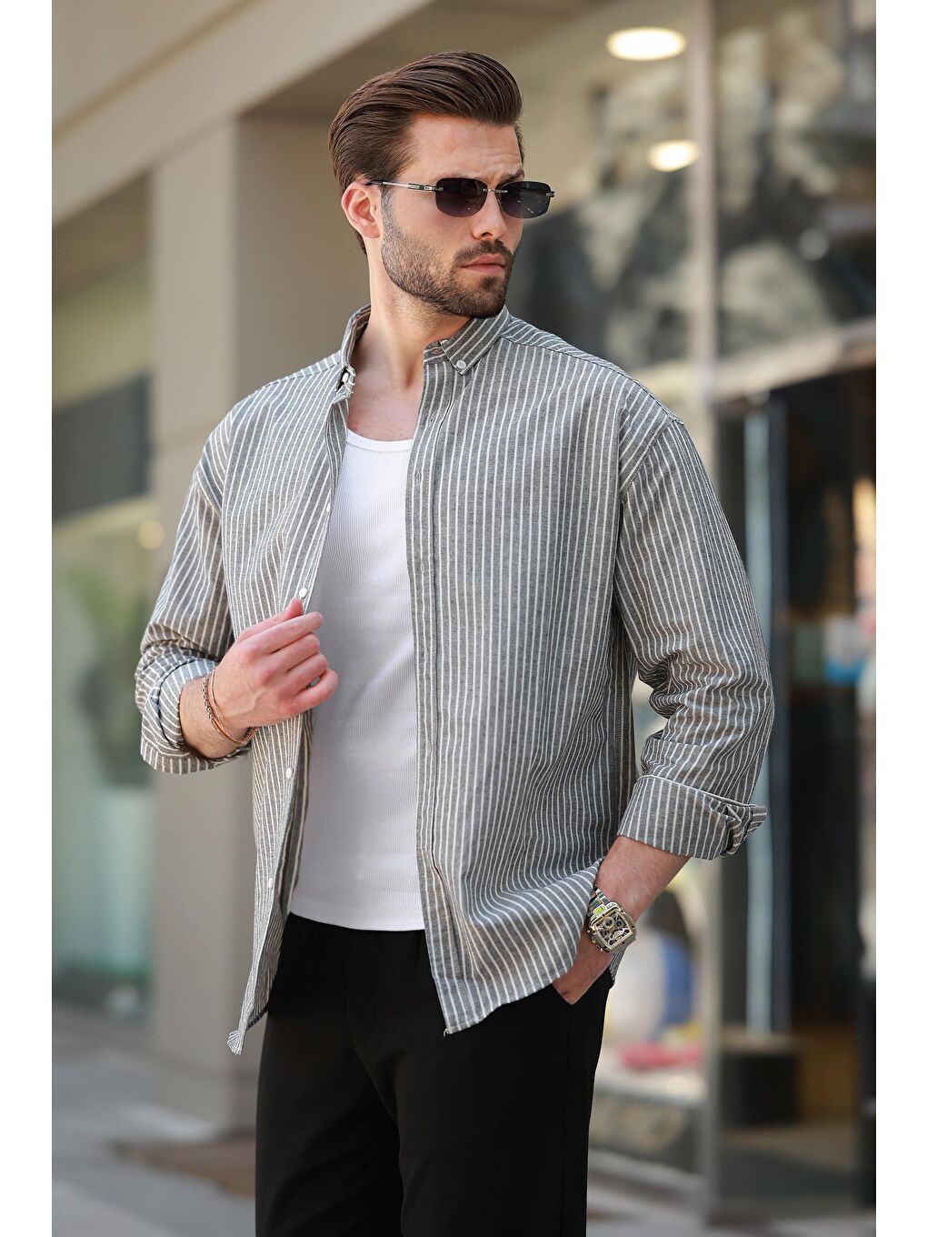 Gri Füme Çizgili Uzun Kollu Pamuklu Erkek %100 Pamuk Gömlek 6746