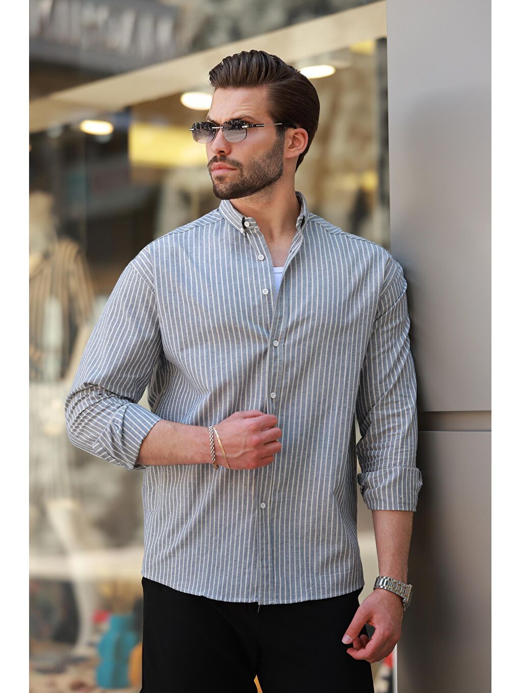 Gri Füme Çizgili Uzun Kollu Pamuklu Erkek %100 Pamuk Gömlek 6746-2